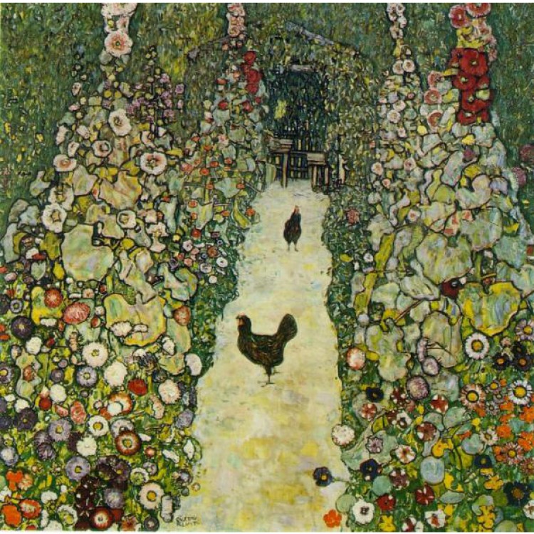 Schilderij Gartenweg mit Hühnern foto 1
