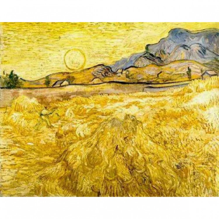 Schilderij Korenveld met maaier foto 1