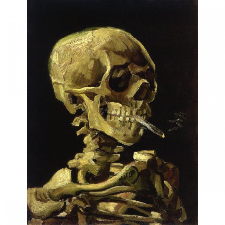 Reproductieschilderij kop van een skelet met brandende sigaret foto 1