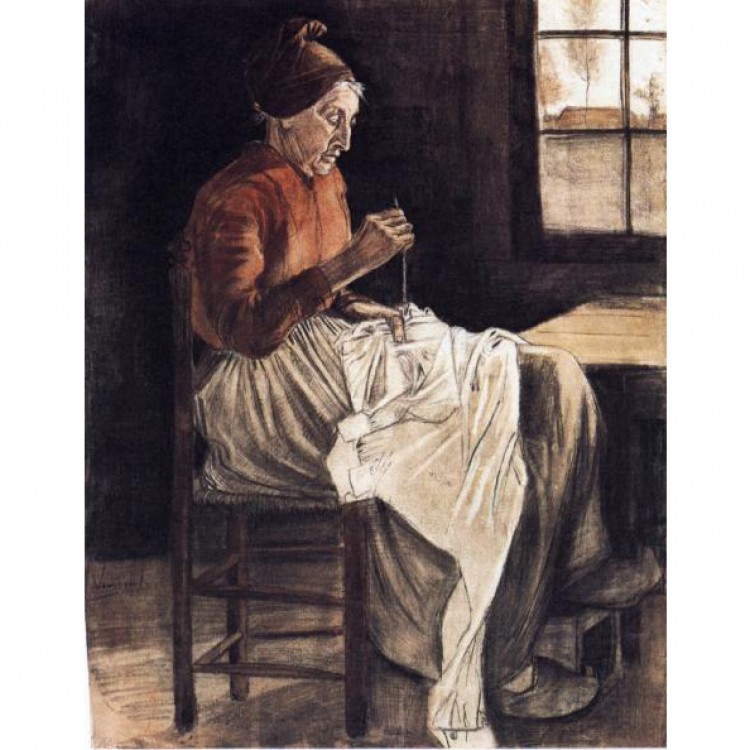 Schilderij Woman Sewing foto 1