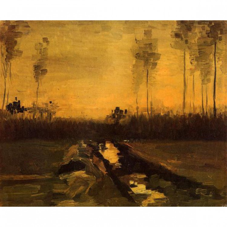 Reproductie Landschap bij zonsondergang foto 1