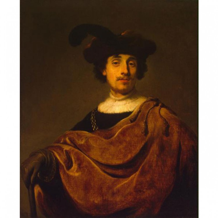 Schilderij Man with a cap and feather, chain and cane foto 1