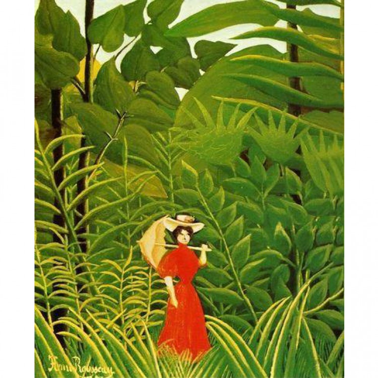 Schilderij Woman With An Umbrella In An Exotic Forest foto 1