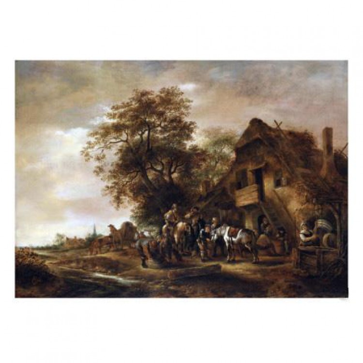 Schilderij Riders Refreshing Themselves with Other Figures and a Horse and Cart foto 1