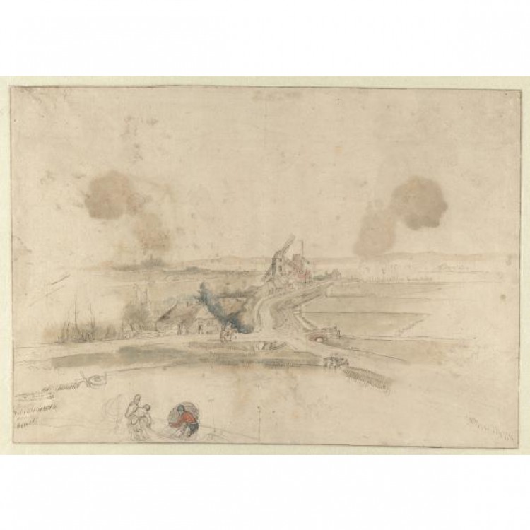 Schilderij Flat landscape with Houses and Two mills along a Road foto 1