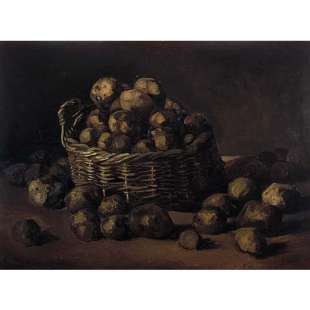 Reproductieschilderij Stilleven met mand aardappelen foto 1