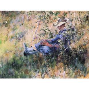 Schilderij Girl by a flowering Hawthorn foto 1