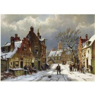 Olieverf schilderij winterse stad foto 1