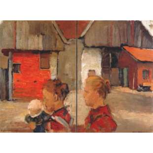 Schilderijen Woman and child in front of a farm foto 1