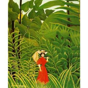 Schilderij Woman With An Umbrella In An Exotic Forest foto 1