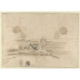 Schilderij Flat landscape with Houses and Two mills along a Road foto 1